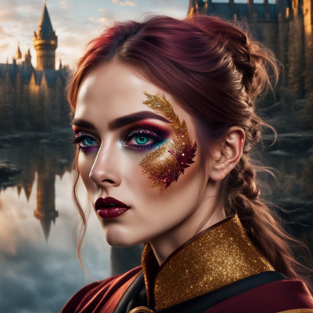 Gryffindor with bright sparkling make up glitter magical colorful eyeshadow beautiful colored eyes high detailed