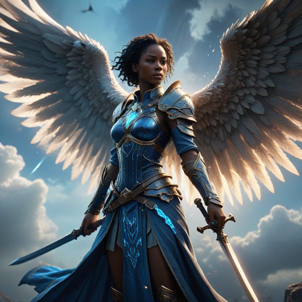 African American Angel with Glowing Sword in Vibrant 3D Art