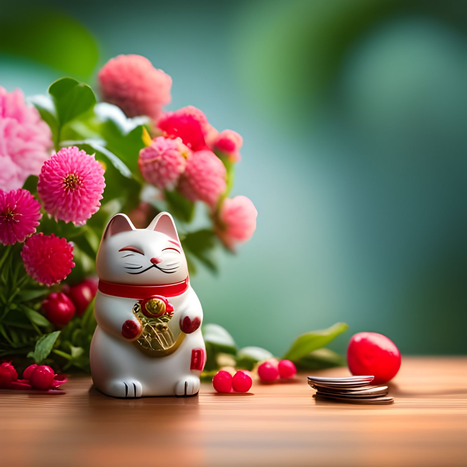 Maneki Neko Surrounded by Lights and Plants