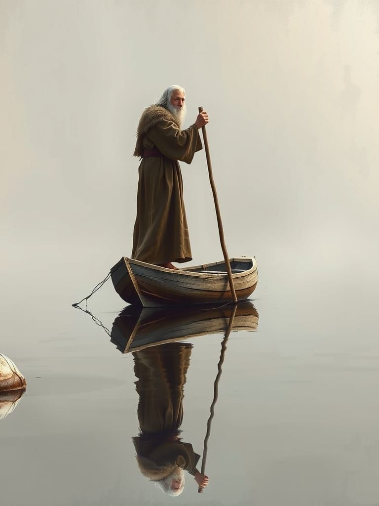 Mysterious Ferryman on Serene Waterway