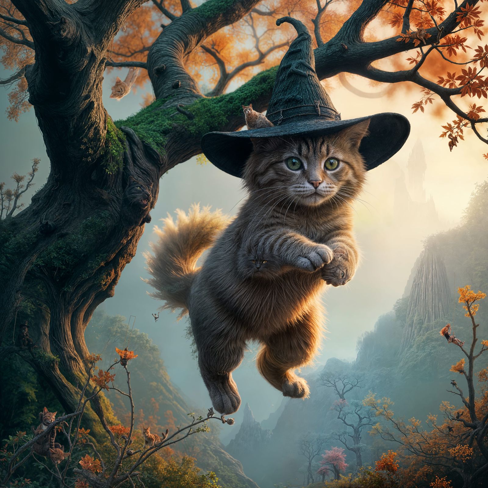 Whimsical Cat Swings from Oak Tree in Matte Painting Style