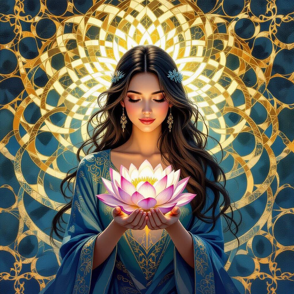 Lotus Amidst Gold and Sapphire Patterns