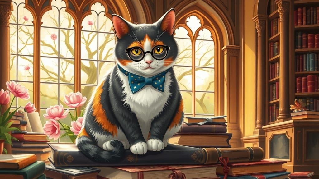 Calico Cat in Sunlit Library Garden: Whimsical Art