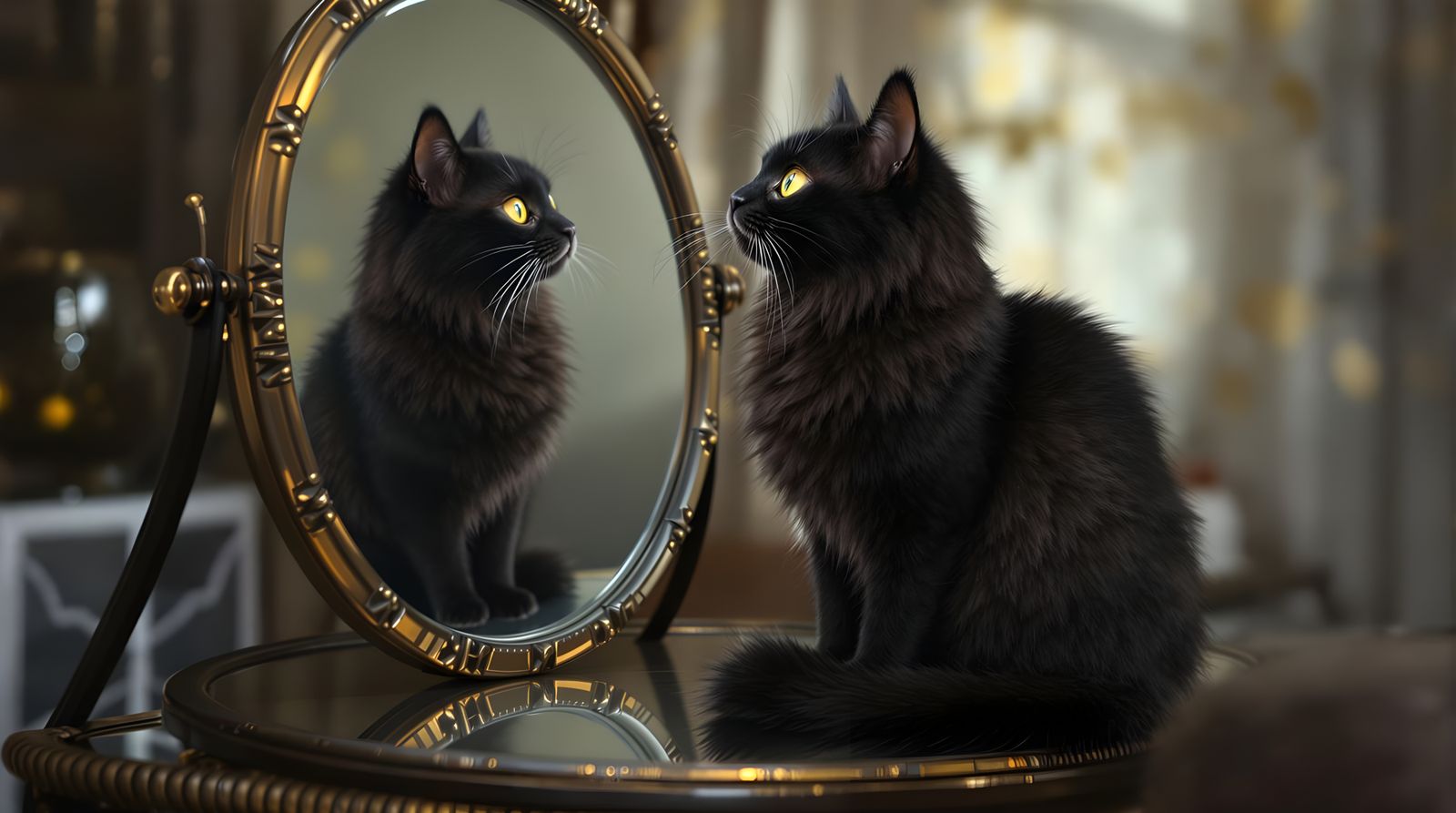 Hyperrealistic Black Cat in Mirrored Reflection
