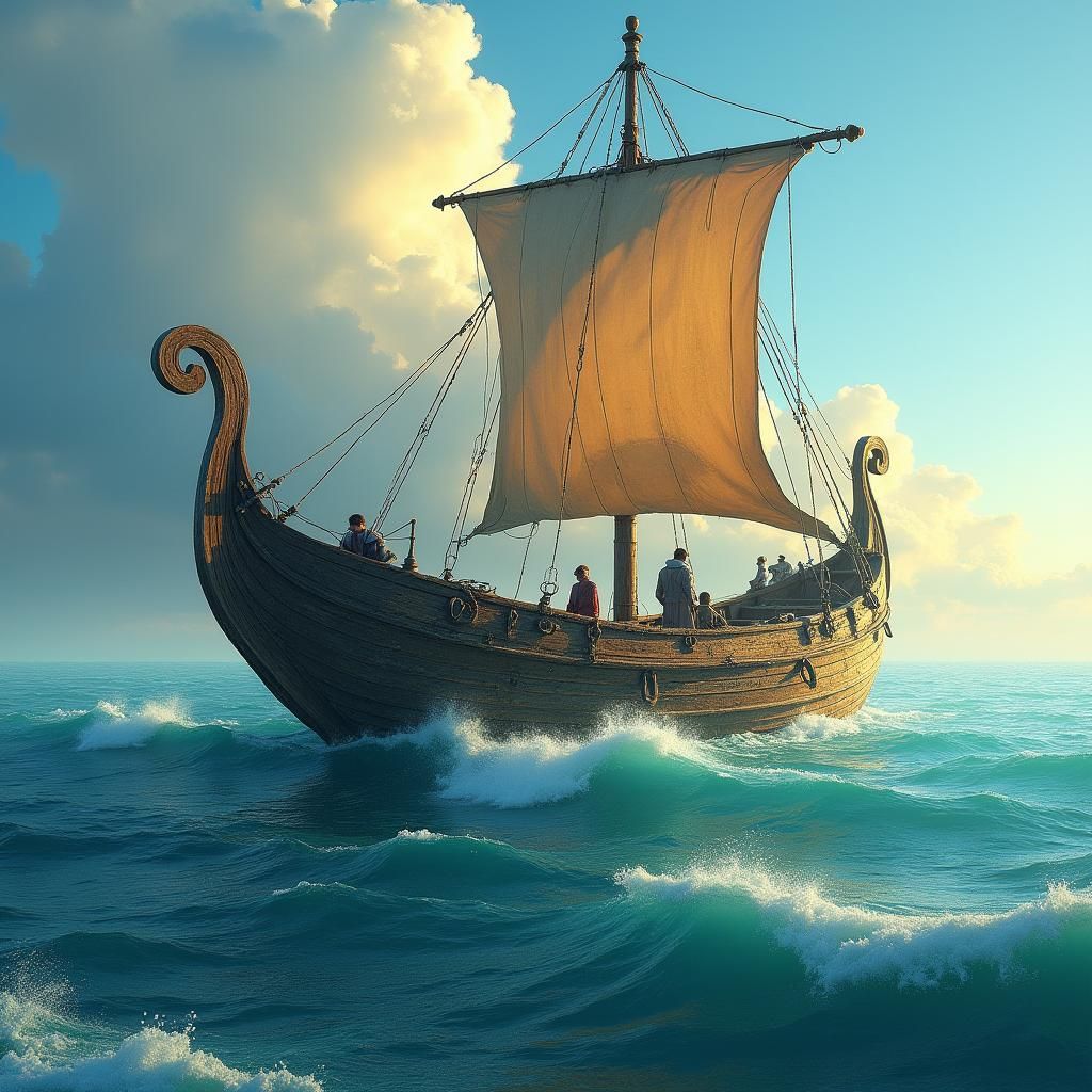 Majestic Boat on Cerulean Waters: Fantasy Art