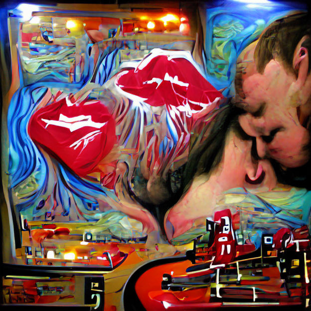 Couple Kissing with Guitars in Dreamlike Painting