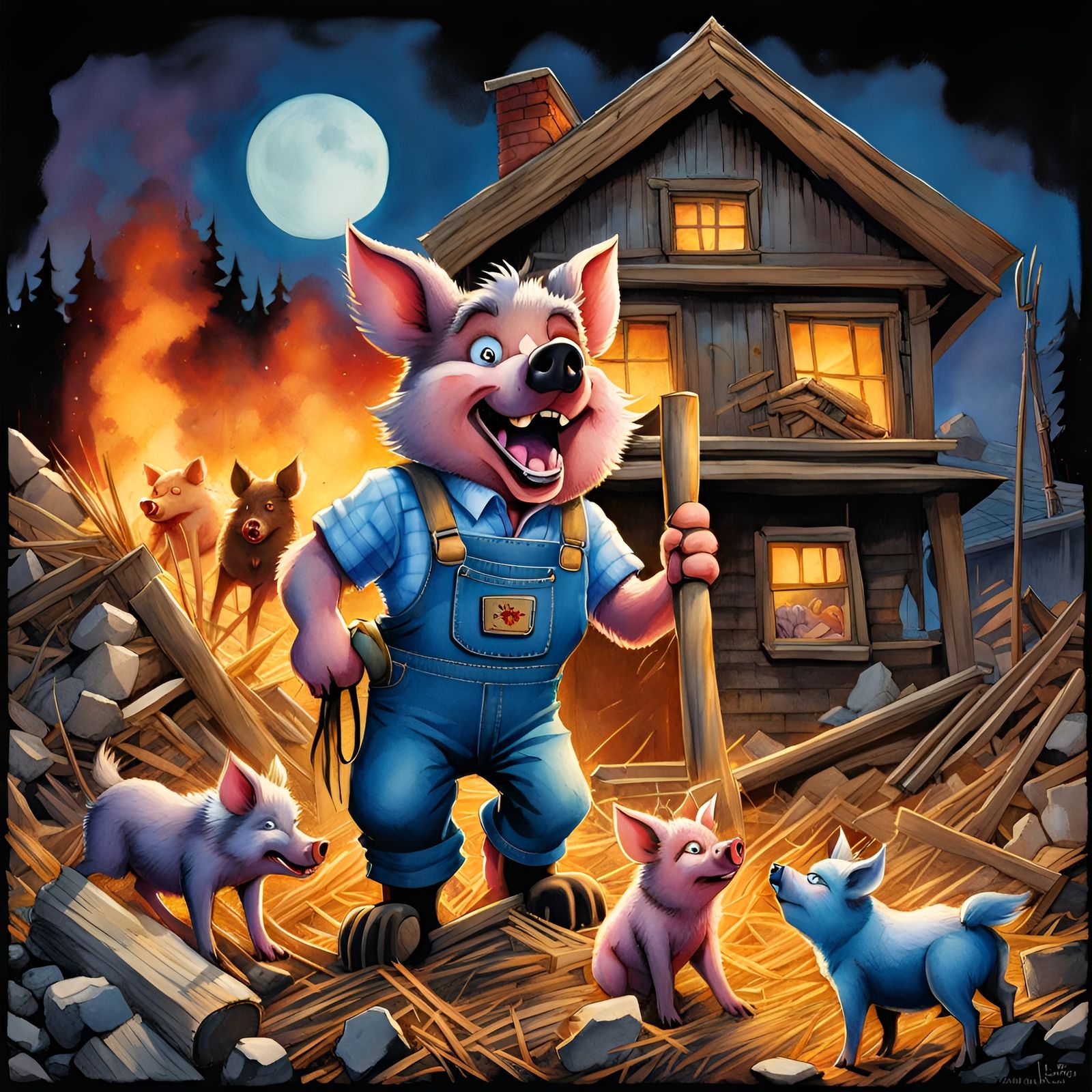 Big Bad Wolf Destroys Pigs' House, Watercolor Style