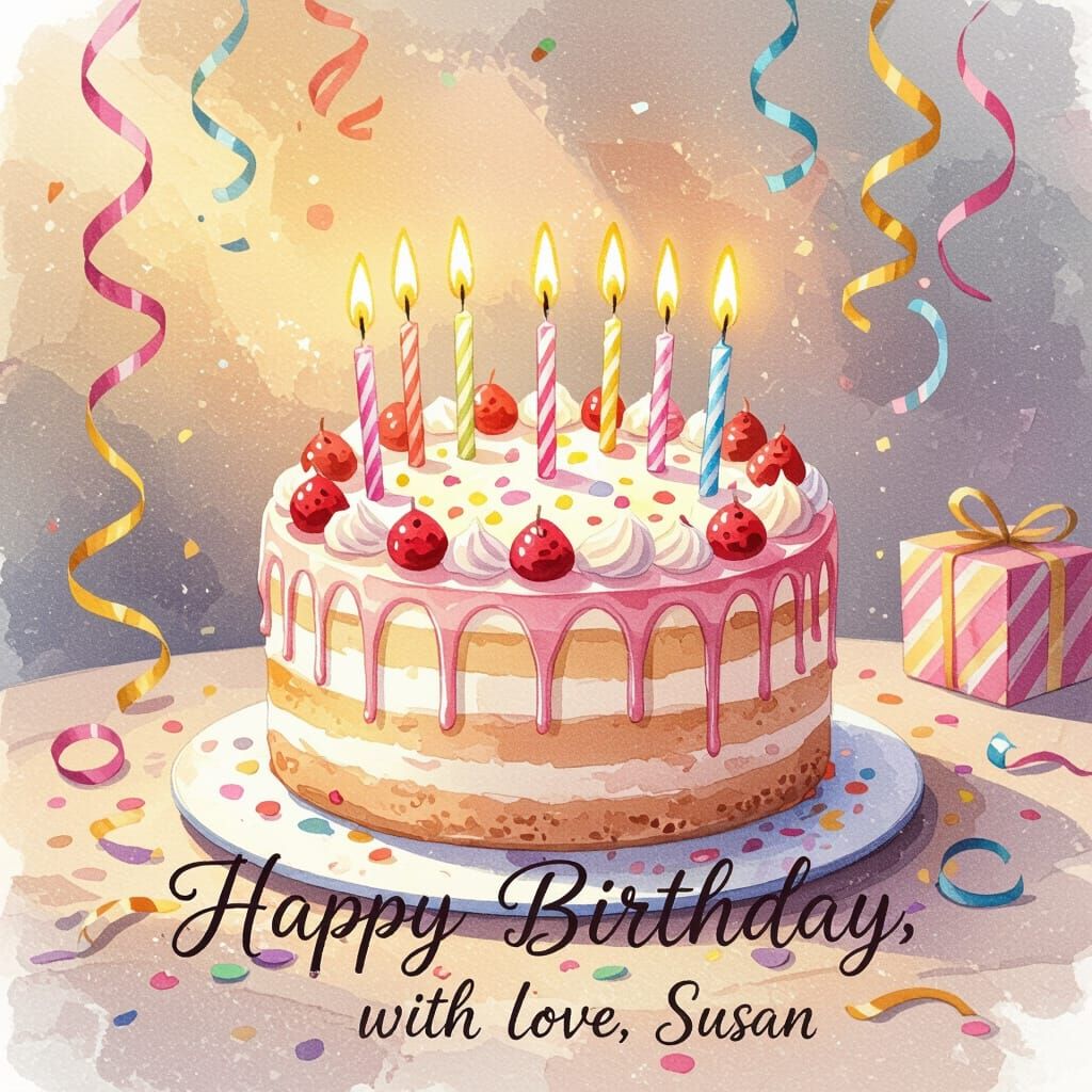 Watercolor Birthday Cake Illustration with Confetti and Cand...