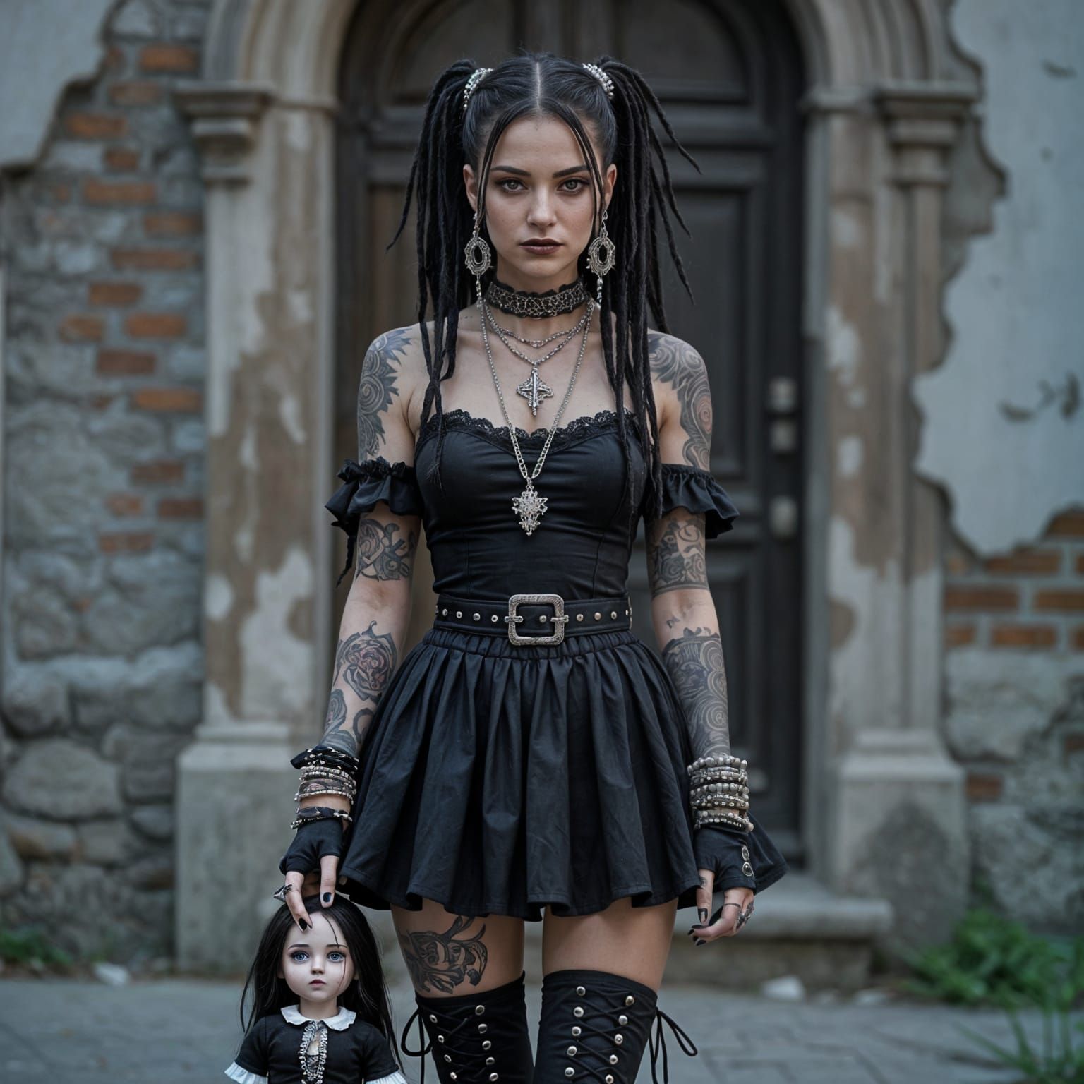Gothic Woman with Doll in Photorealistic Style
