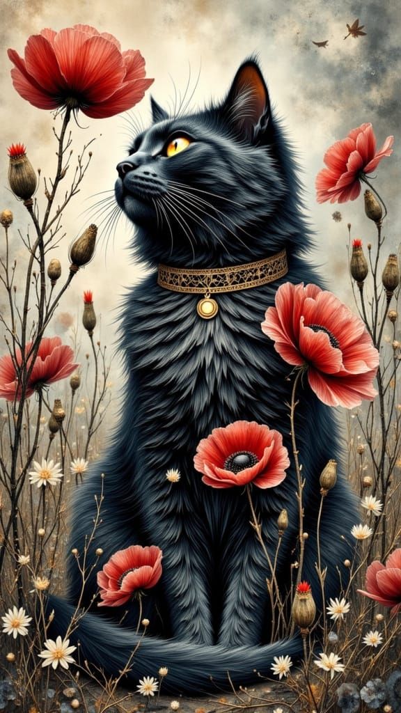 Black Cat Among Poppies in Dreamy Art Style