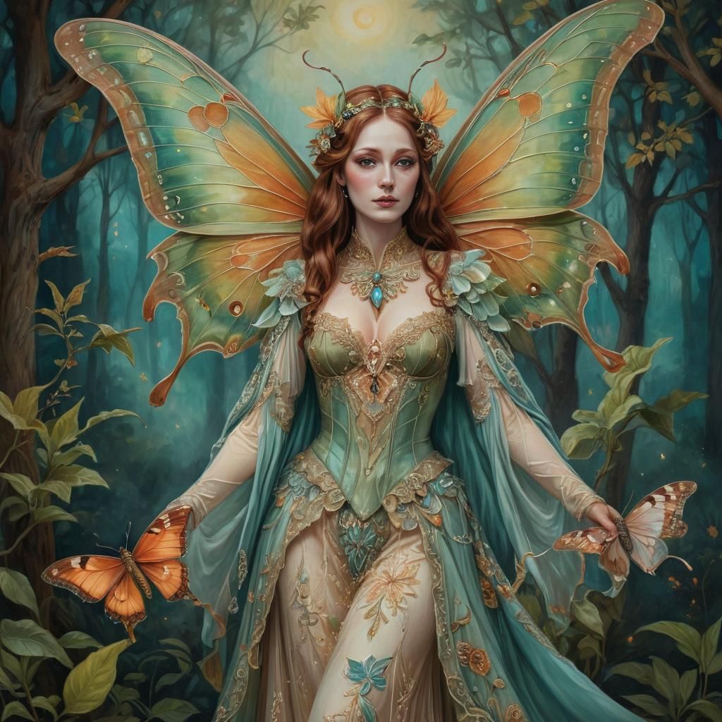 Victorian Moth Queen Portrait in Oil and Ink