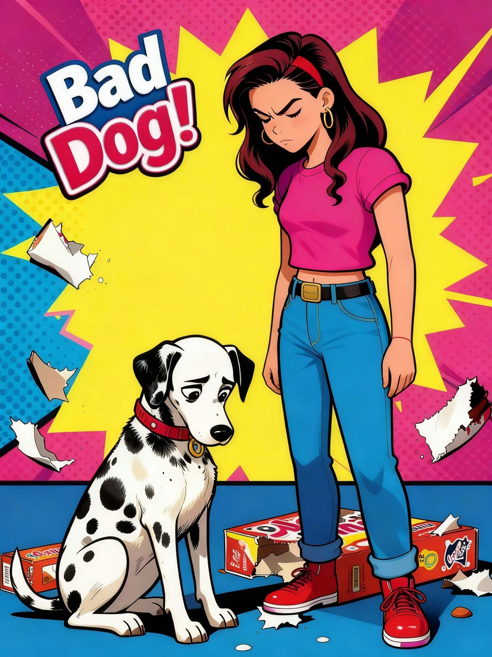 Woman Scolds Dog for Twinkie Mess in Pop Art Style