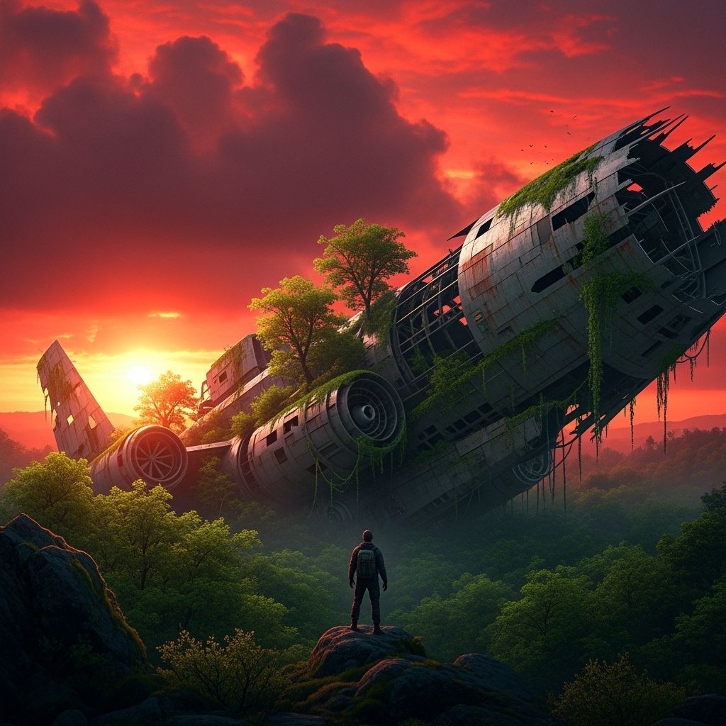 Surreal Post-Apocalyptic Landscape with Crashed Spaceship