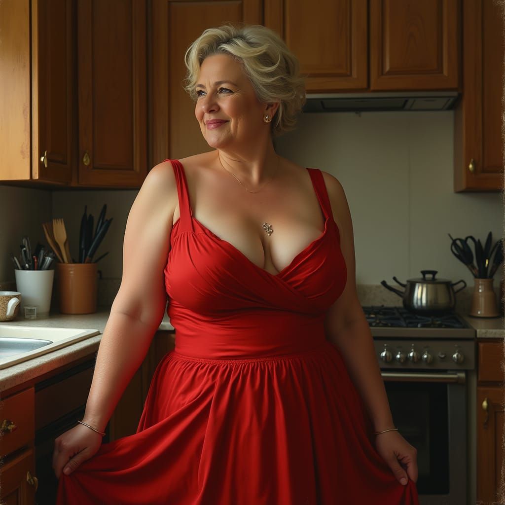 Voluptuous Mother in Cozy Kitchen, Blending Freud and Schiel...