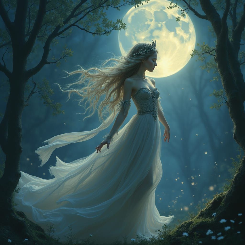 Ethereal Elf Queen Unfolds Magical Dreams in a Moonlit Night