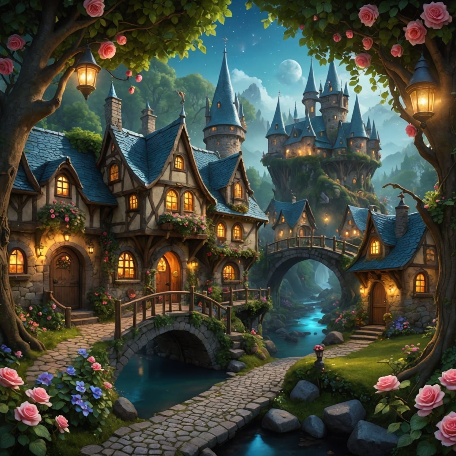 fantasy village embedded in an enchanted forest