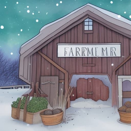 Winter Farmer's Market Under Aurora: Ink and Watercolor