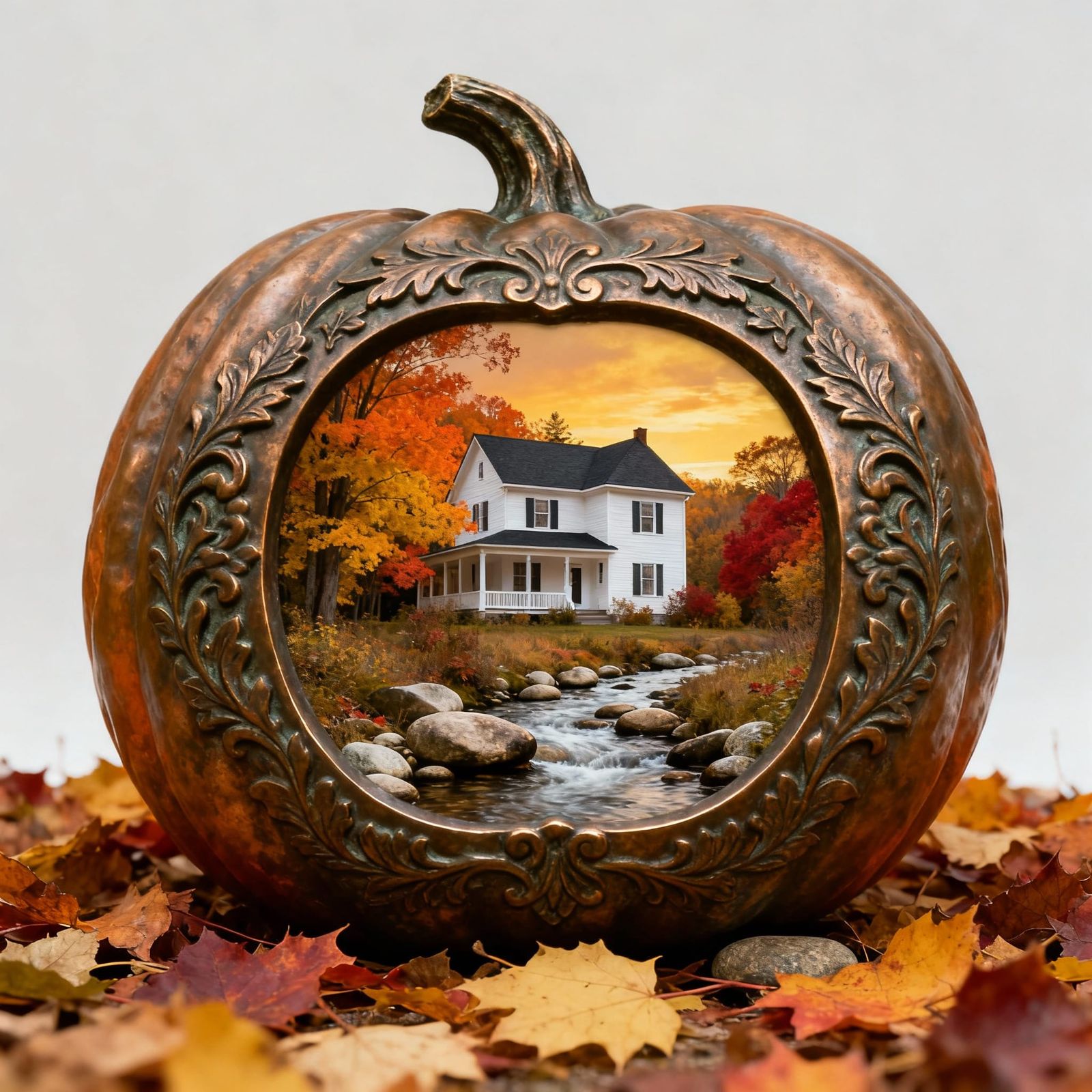 Antique Bronze Pumpkin Frame with Autumn Scene Artwork