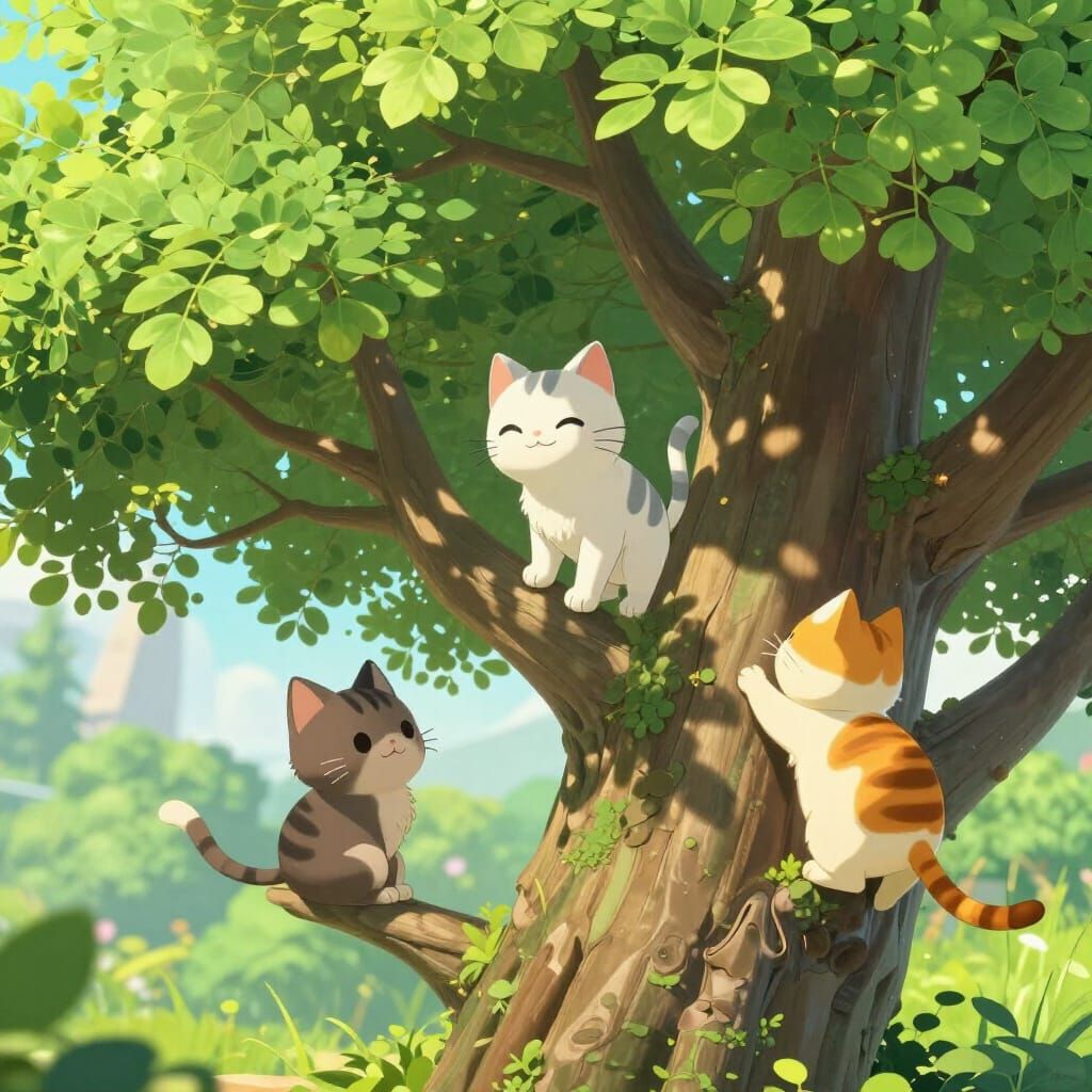 Three Happy Cats Ascend Lush Tree in 3D Anime Style