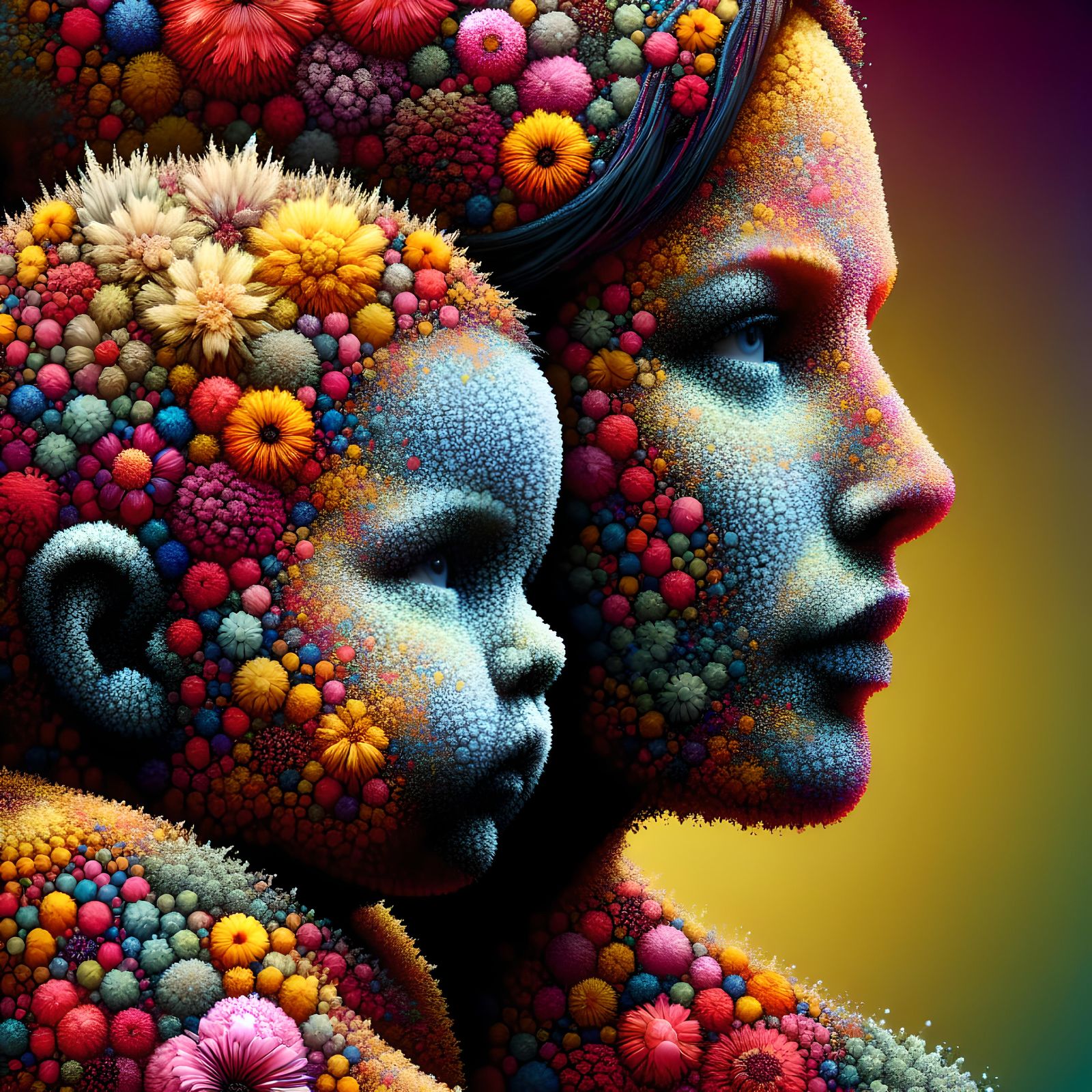 Floral Mother and Child in Hyperrealistic Splash Art