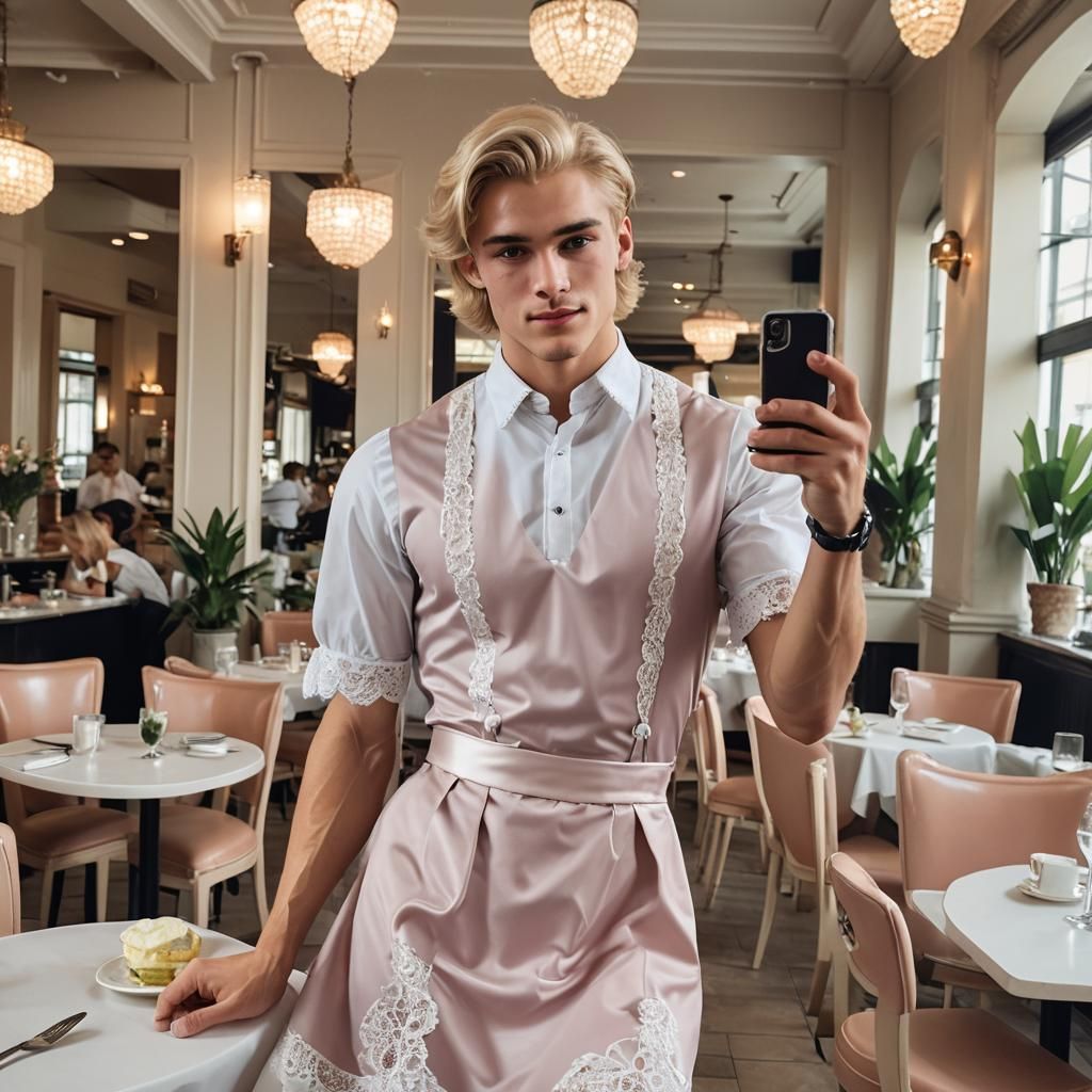 Boy in French Maid Dress Taking Selfie