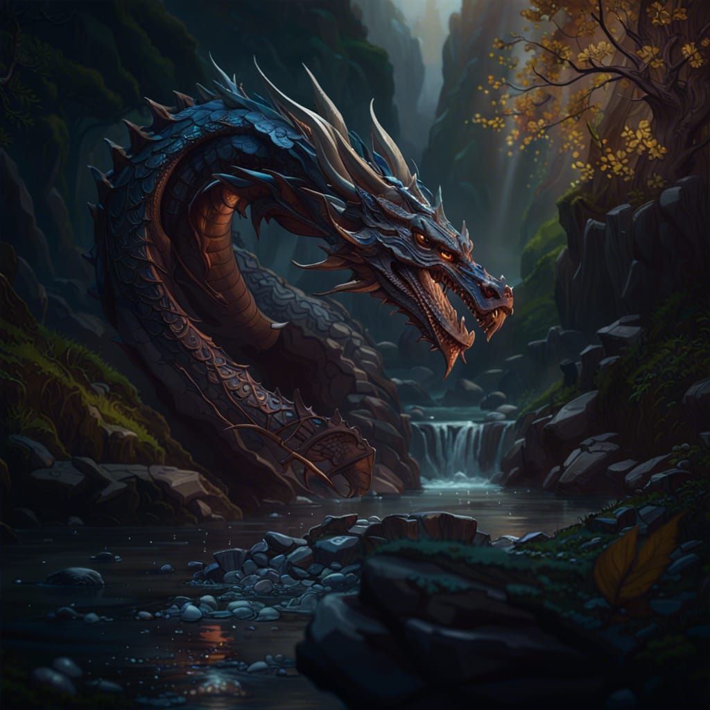 River Dragon Dark Fantasy Concept Art