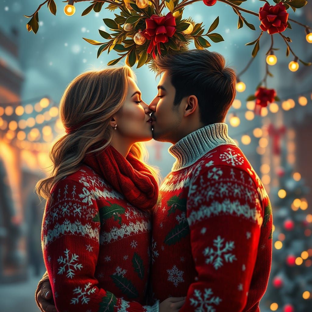 Warm Christmas Moment Under Festive Mistletoe