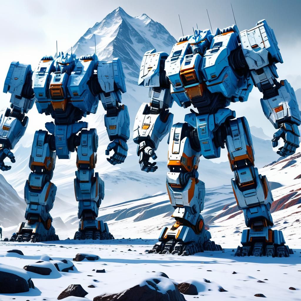 Giant Ice Warrior Mechs in Sci-Fi Alpine Landscape