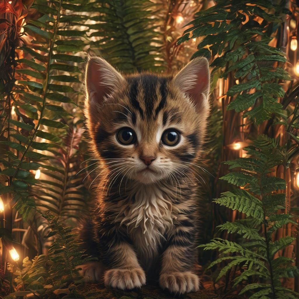 Kitten Merges with Fern in Biomechanical Forest