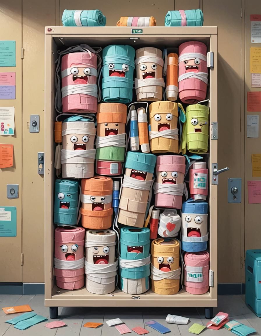 Whimsical Cartoon Locker Wrapped in Bandages