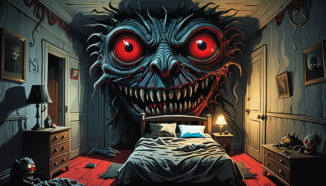 Terrifying Monster Lurks Under Bed in Surreal Style
