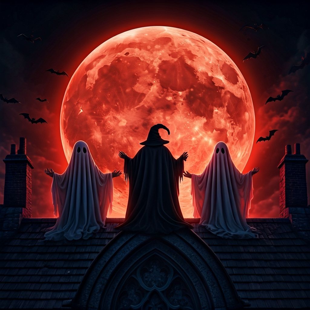 Red Moon Over Haunted Castle with Bats and Ghosts