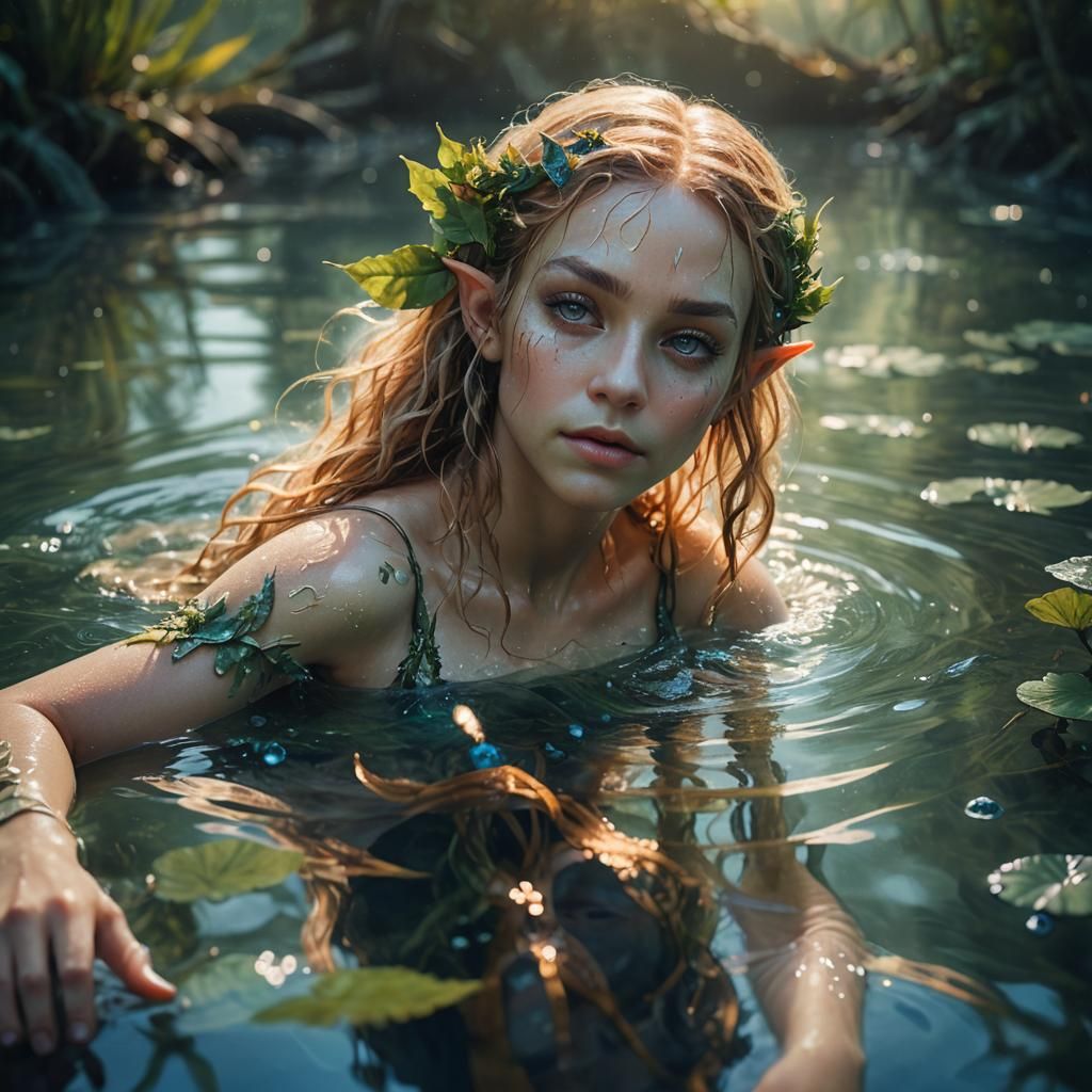 Enchanting Elf in Mystical Lagoon Concept Art