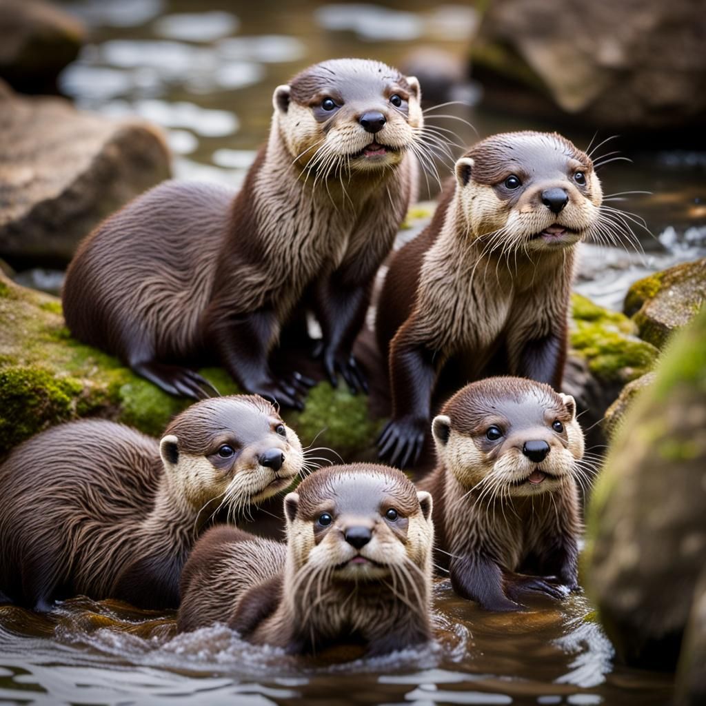 Otter Family's Playful Stream Encounter