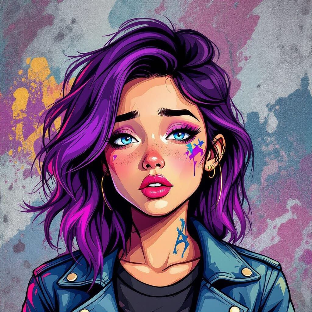 Tired Girl with Purple Hair in Digital Art Style