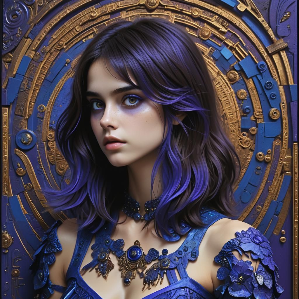 Cinematic Portrait with Purple-Blue Hair and Brown Eyes
