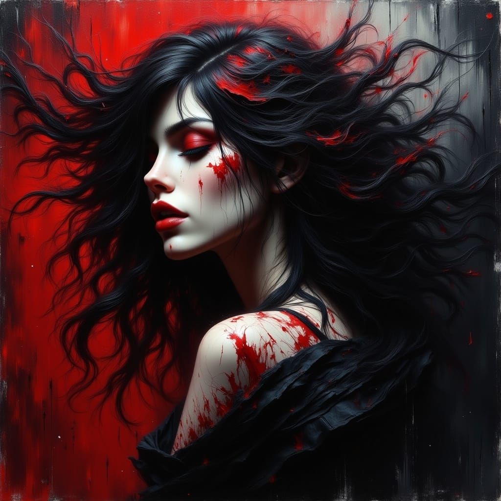 Surreal, Gothic Woman in Crimson-Hued Shroud, Dark Auburn Lo...