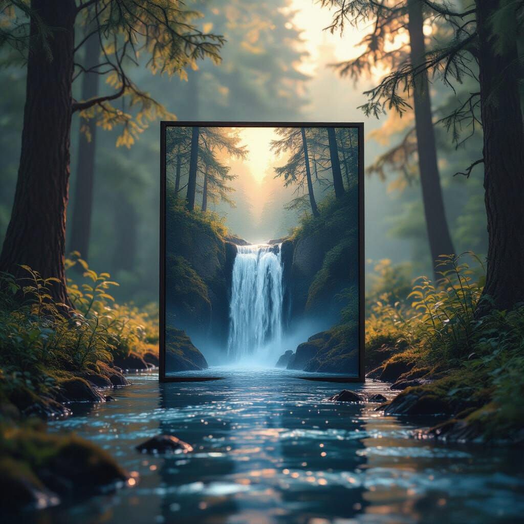 Surreal Waterfall Flows from Canvas in Forest