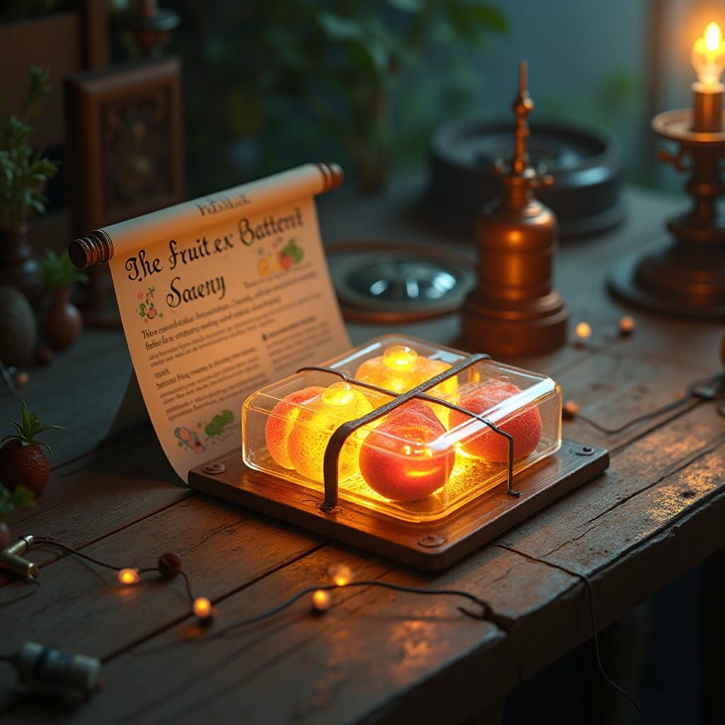 Fruit Battery Experiment in Whimsical, Sci-Fi Concept Art