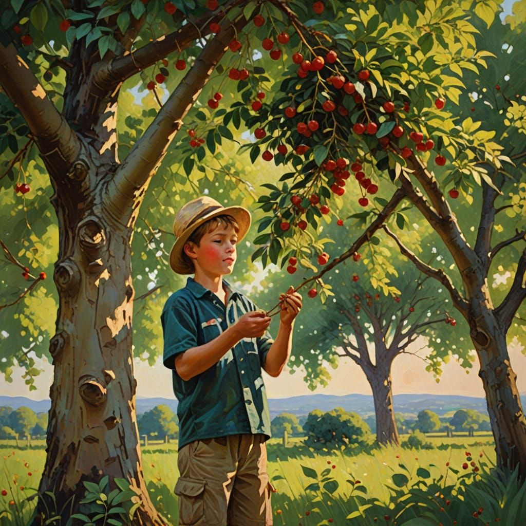Boy Picking Cherries: Impressionist Oil Painting