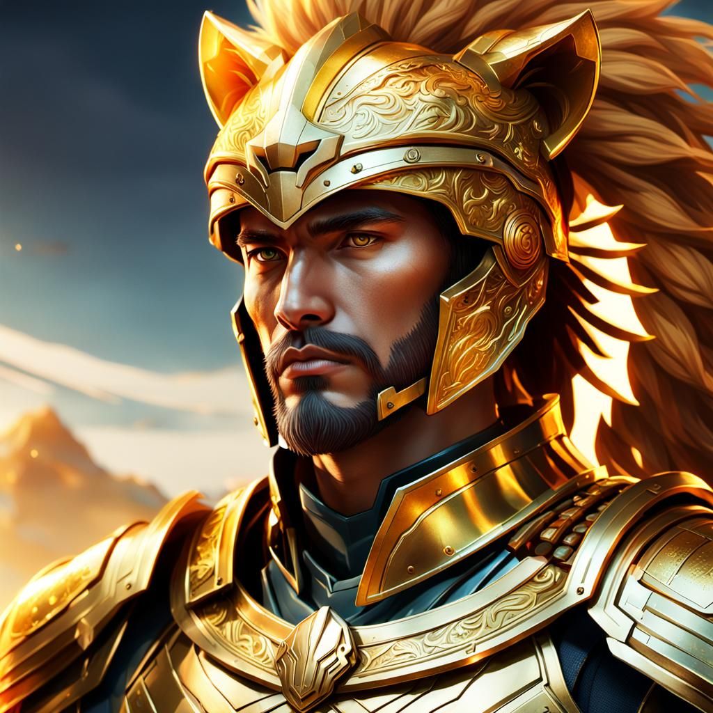 Spartan Warrior in Vibrant Lion-Themed Armor