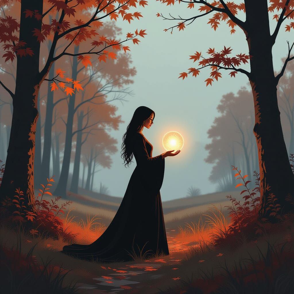 Ethereal Woman with Obsidian Orb in Autumn Landscape