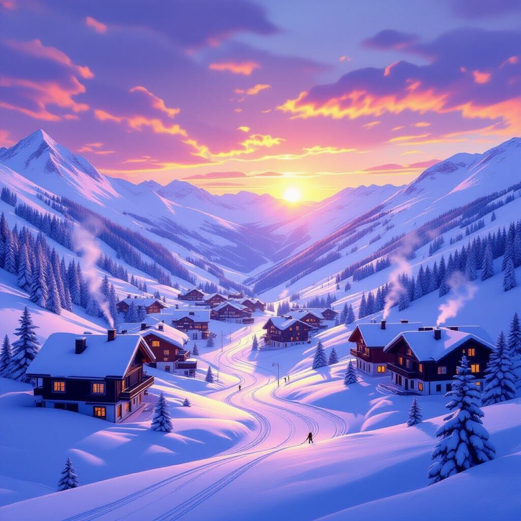 Ski Resort Town at Sunset Digital Matte Painting