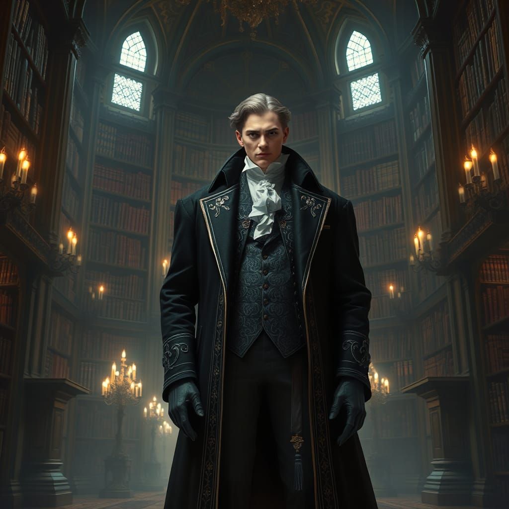 Victorian Regal Figure in Mystical Library