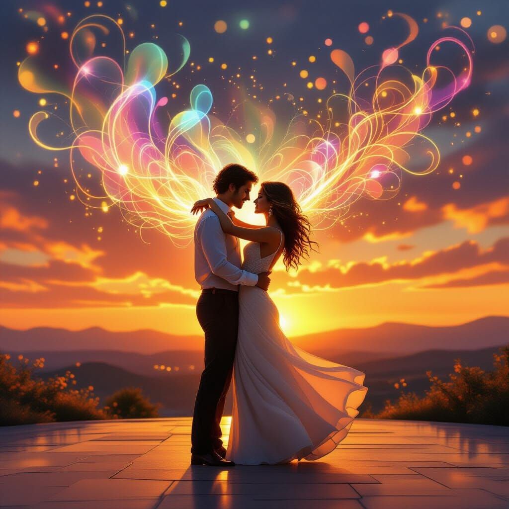 Romantic Couple Dancing in Luminous Golden Hour Sunset