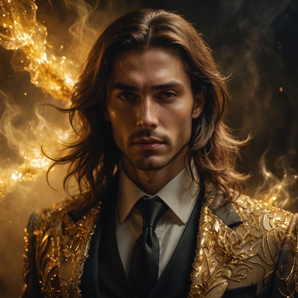 Ethereal Golden Metamorphosis of a Handsome Man