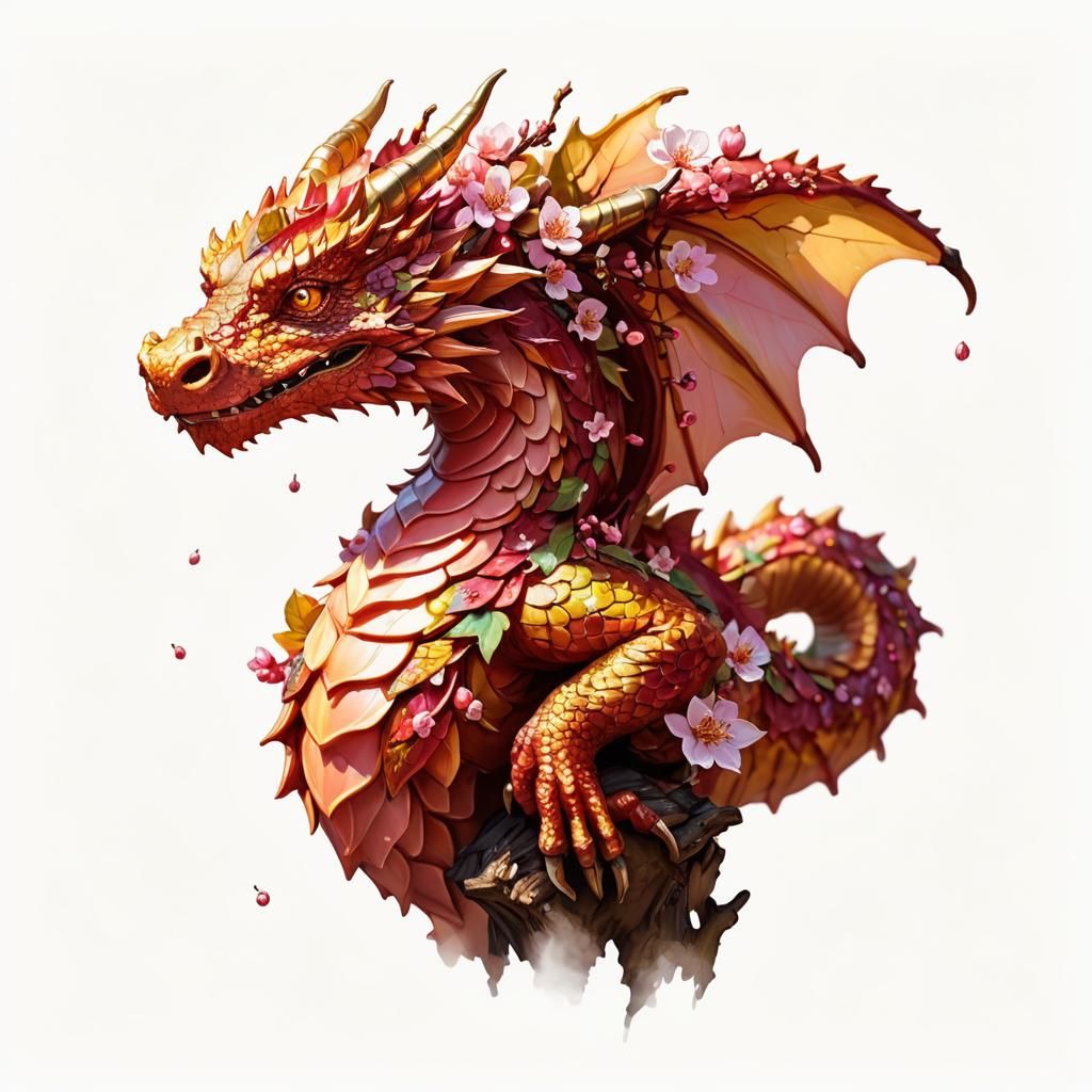 Cherry Dragon on Branch: Fantasy Oil Painting