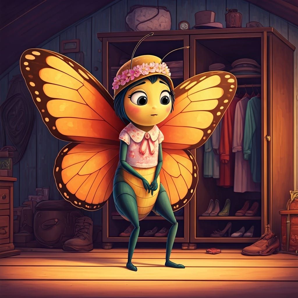 Confused Butterfly Choosing Wing-Shoes in Pixar Style
