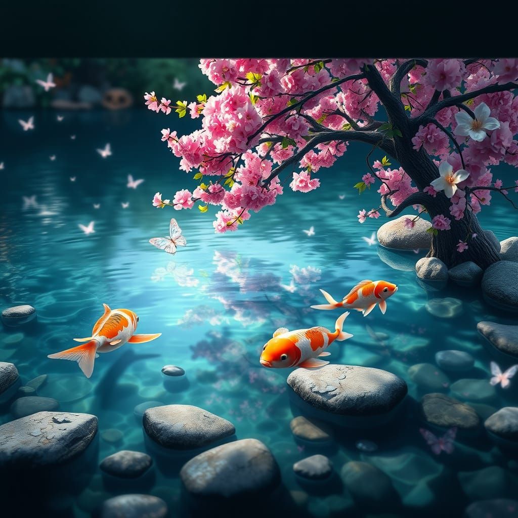 Dreamy Koi Pond with Cherry Blossoms