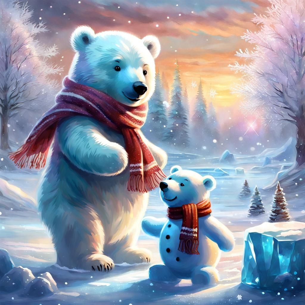 Smiling polar bear cub and the frosty friend